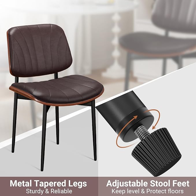 Dining Chairs Set of 2, Mid-Century Modern Upholstered PU Leather Chairs with Walnut Bentwood Back and Metal Legs Adjustable Feet for Kitchen Dining Room, Dark Brown Shell Strips