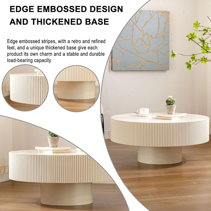 Round Coffee Table, Handcrafted Fluted Drum Coffee Tables Modern Wood Coffee Table Circle Drum Center Table for Living Room, Apartment (White Thick)