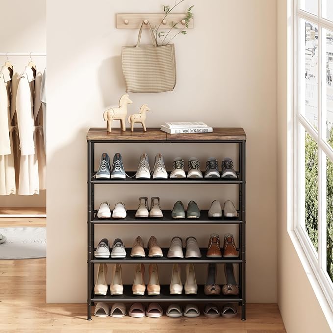 Shoe Rack Organizer 5 Tier Metal Organizer Shelf with Industrial MDF Board and Layer Fabric for Entryway Closet Bedroom Living Room Garage,Black & Rustic Brown (Black+Rustic Brown, 5 Tier)