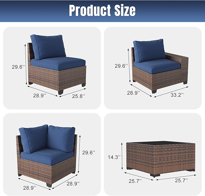 Aoxun 6 Pieces Patio Furniture Set Wicker Rattan Outdoor Sectional Conversation Set with Coffee Table and 4” Thickened Cushions, Blue (Waterproof Cover Included)