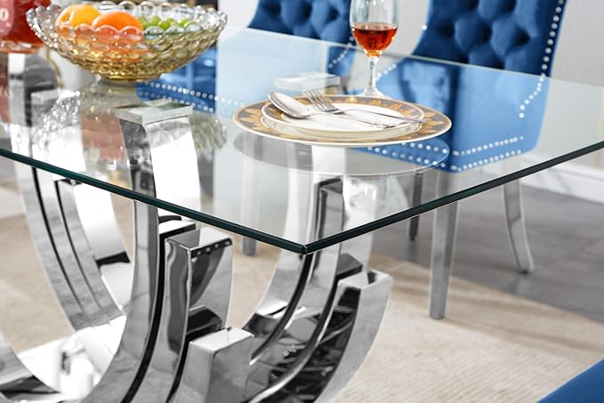70 ''Glass Dining Table,Rectangle Glass Kitchen Table w/Tempered Glass Tabletop and Stainless Steel Base, Modern Glass Dining Room Table for Home, Kitchen, Dining Room