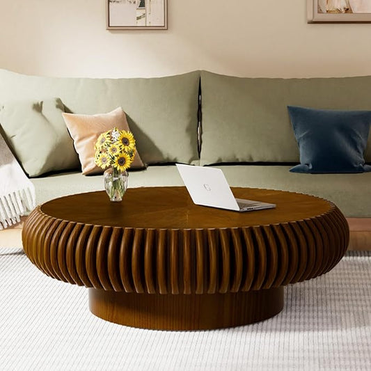 Brown Round Coffee Table for Living Room Round Fluted Drum Coffee Table Modern Walnut Fluted Coffee Tables for Living Room (Walnut, 39.3 inch)