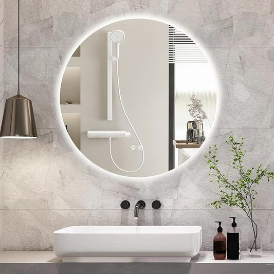 24 Inch Round LED Bathroom Mirror Backlit Anti-Fog 3 Colors Light Dimmable Wall Mounted Lighted Bathroom Vanity Mirror Smart Makeup Mirror with Touch Switch