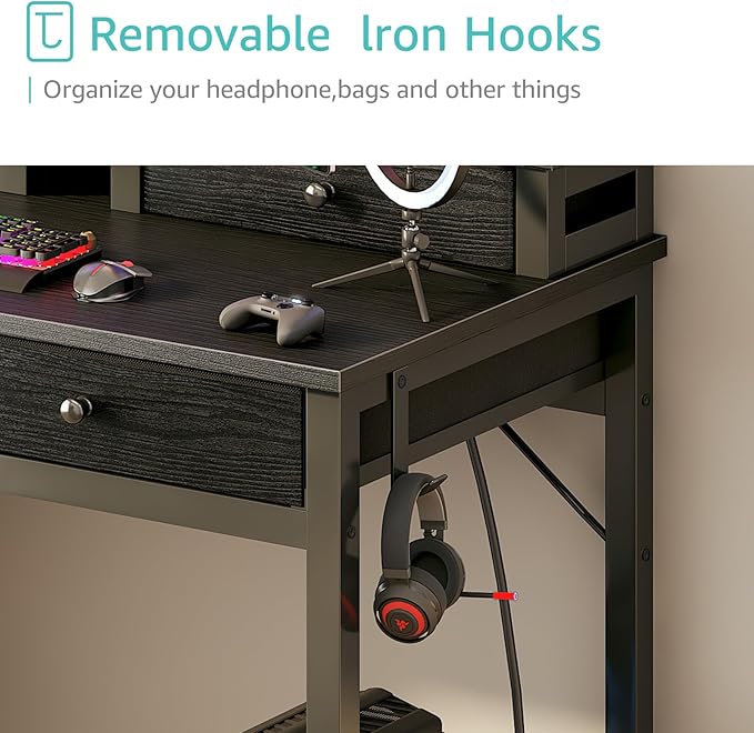 Lufeiya Small Desk with Drawers for Home Office Bedroom, 31 inch Black Writing Study Desks with Fabric Drawers Storage, Gaming Desk Table with Power Outlet & Monitor Stand, Black