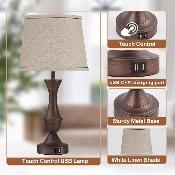 Luvkczc Touch Table Lamps Set of 2, 22" Tall Bedside Lamps with USB C+A Ports, Dimmable Table Lamp, Nightstand Lamps for Bedroom, Living Room, Office, Brown Lamps with Beige Lampshade, Bulbs Included
