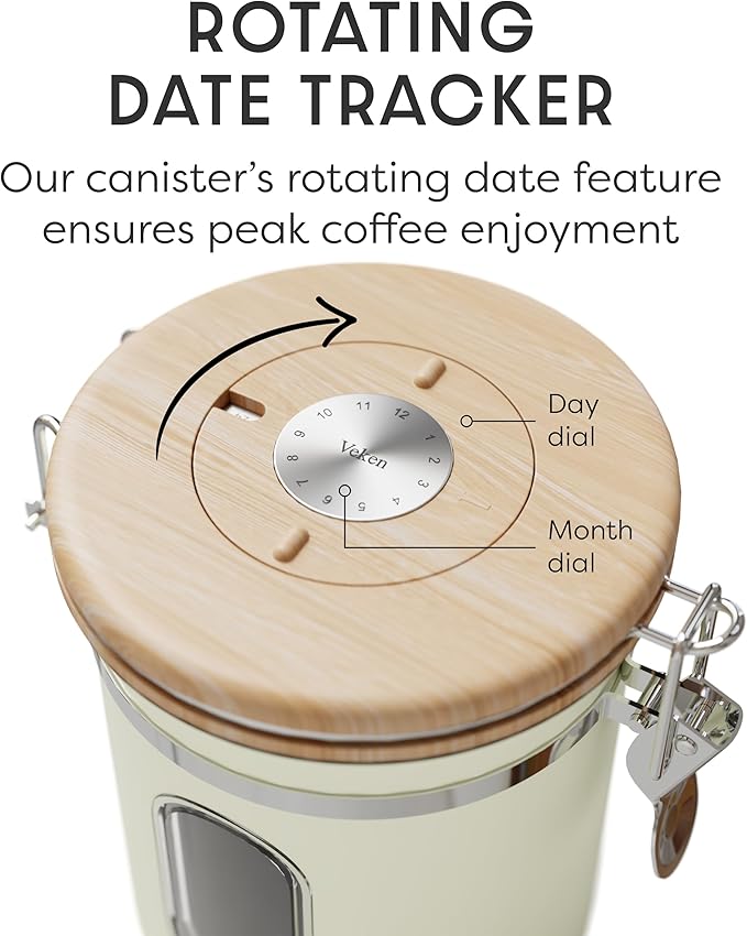 Veken Coffee Canister with Window, Airtight Stainless Steel Kitchen Food Storage Container with Lids, Date Tracker and Scoop for Grounds Coffee, Beans, Tea, Flour, Cereal, Sugar Jars, 16OZ, Cream