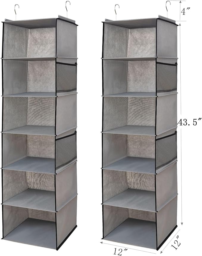 6 Shelves Hanging Closet Organizer, 2 Pack Hanging Storage with 4 Side Pockets for Clothes Shoes, 43.5"x12"x12"(Grey)