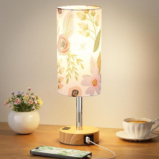 Fenmzee Floral Touch Lamp for Bedroom- 3 Way Dimmable Bedside Lamp USB C A Charging Ports and AC Outlet, Small Table Lamp Floral Linen Lampshade for Gift, LED Bulb Included