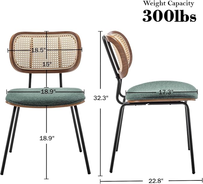 Rattan Dining Chairs Set of 4, Christmas Chair Mid Century Modern Dining Chairs with Cane Back for Kitchen Dining Room, 19 Inch Fabric Green