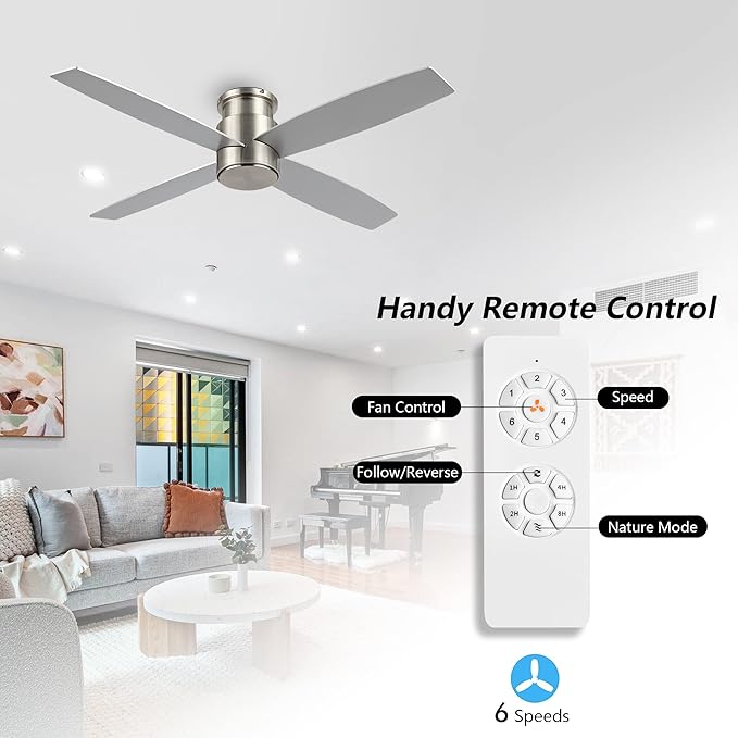 WINGBO 52" Flush Mount DC Ceiling Fan without Lights, 4 Reversible Blades, Ultra Quiet 6-Speed DC Motor, Hugger Low Profile Indoor Ceiling Fan No Lights, Brushed Nickel Finish