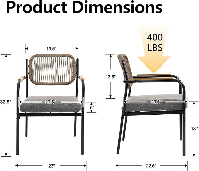 Outdoor Dining Chairs Set of 2, Wicker Patio Dining Chairs with Removable Cushions, Rectangle Patio Table Chair, All Weather Outdoor Chairs, Metal Lawn Chair for Adults/Indoor/Balcony, Gray