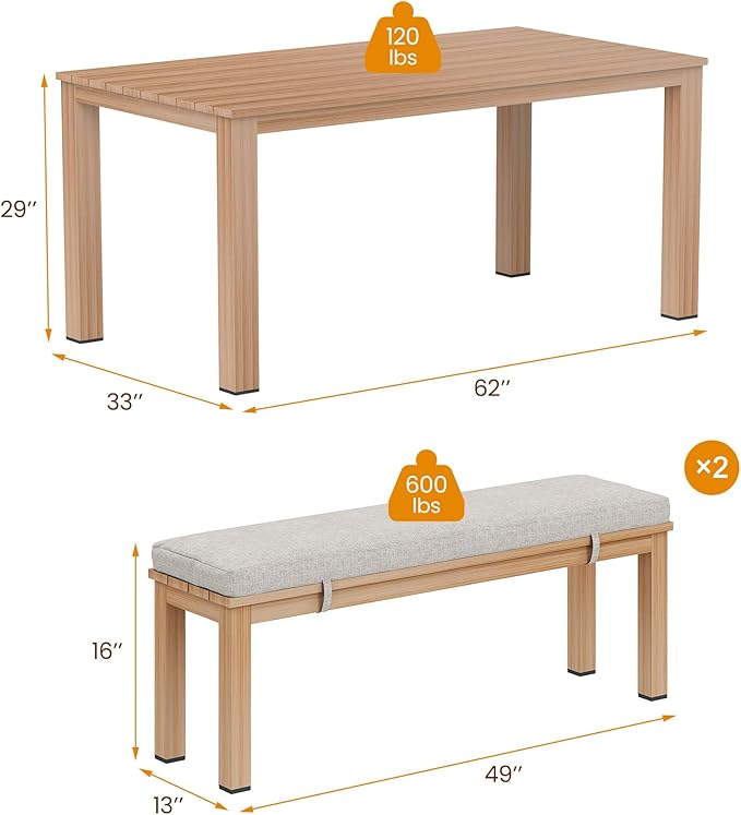 Wisteria Lane Aluminum Patio Dining Sets, 3 Pieces Patio Table Set, Outdoor Dining Table with 2 Bench, Outdoor Patio Dining Furniture Set with Removable Cushion for Lawn, Garden, Backyard, Brown