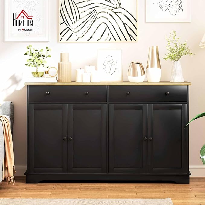 HOMCOM Sideboard Buffet Cabinet with Storage, 55" Modern Kitchen Cabinet with 4 Doors, 2 Drawers and 2 Adjustable Shelves, Coffee Bar, Black