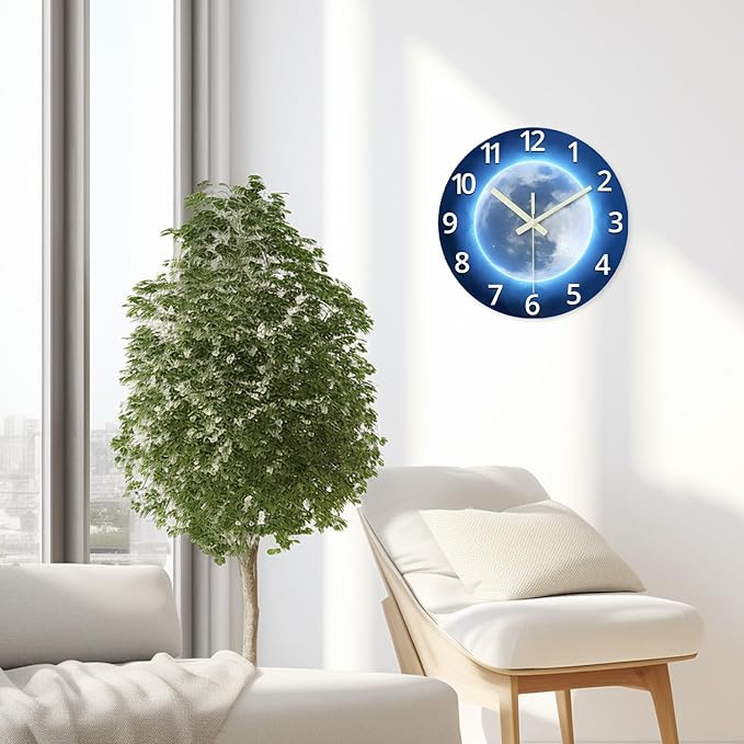 Blue Decorative Wall Clock for Kids 16 Inch Large Glow in The Dark Clock for Living Room Decor Analog Wall Clock Silent Non Ticking