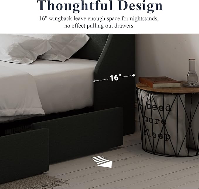 Allewie Queen Bed Frame with 4 Storage Drawers and Wingback Headboard, Button Tufted Design, No Box Spring Needed, Dark Grey