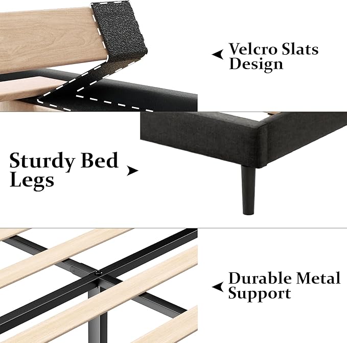 Queen Size Bed Frame with Upholstered Wingback Headboard, Easy Assemnly Platform Bed, Wooden Slat Support No Box Spring Needed, Dark Gray