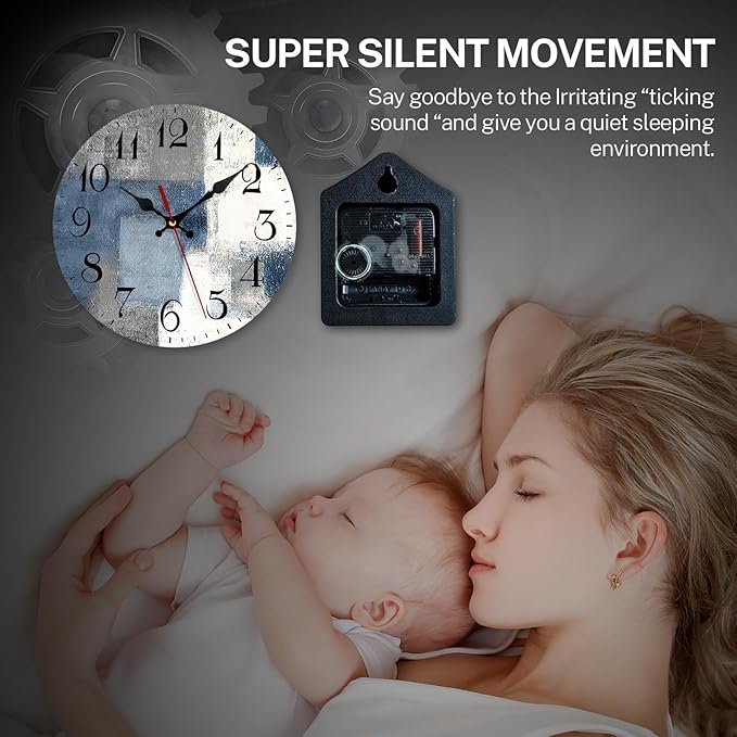 ArtSocket Wooden Wall Clock Silent Non-Ticking, Blue White Grey Abstract Painting Gray Vintage Round Wall Clocks Decor for Home Kitchen Living Room Office, Battery Operated(12 Inch)