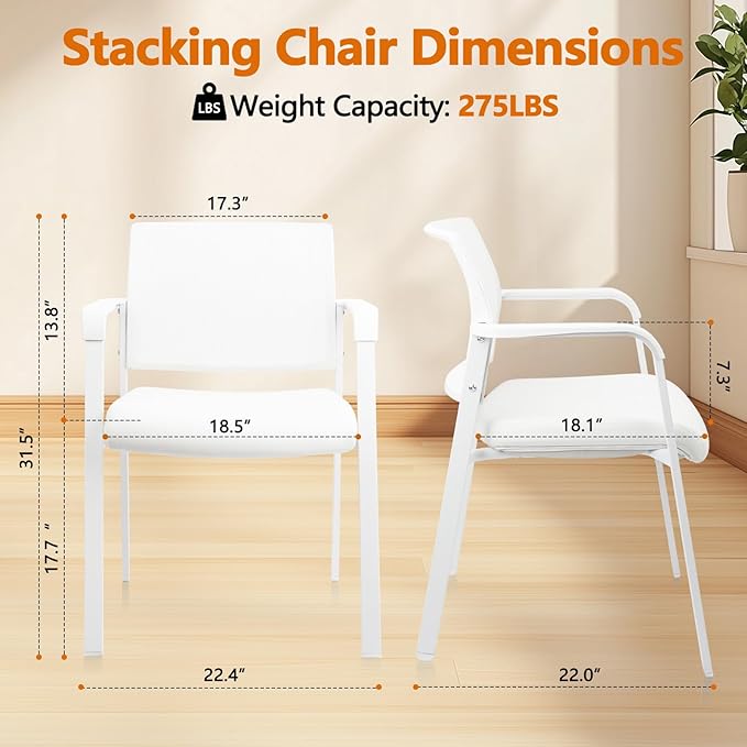 CLATINA Stacking Office Chairs | Mesh Back, Thicken Leather Seat and Streamline Arms, Ergonomic Lumber Support | Guest Reception, Waiting, Conference, School, Party, Customer, Side, Stationary, White