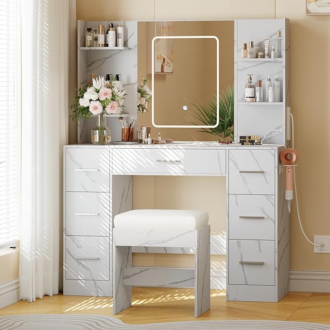 Hetoy Vanity Desk with Mirror and Lights - Makeup Vanity Desk with Chair - Dressing Table with 7 Drawers and Hair Dryer Rack for Bedroom