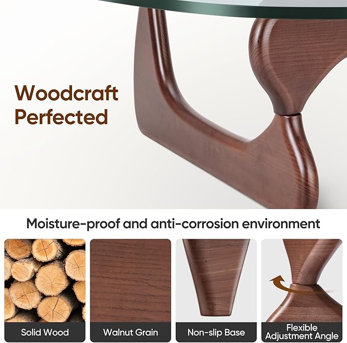 Triangle Glass Coffee Table with Solid Wood Base, 0.8'' Thick Clear Glass Top, 51'' Width Mid Century Modern Coffee Table for Living Room Bedroom Reception (Dark Walnut)