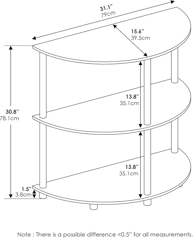 Furinno Frans Turn-N Half Round Console Table with Stainless Steel Tubes, Black Oak 15.6D x 31.1W x 30.8H in