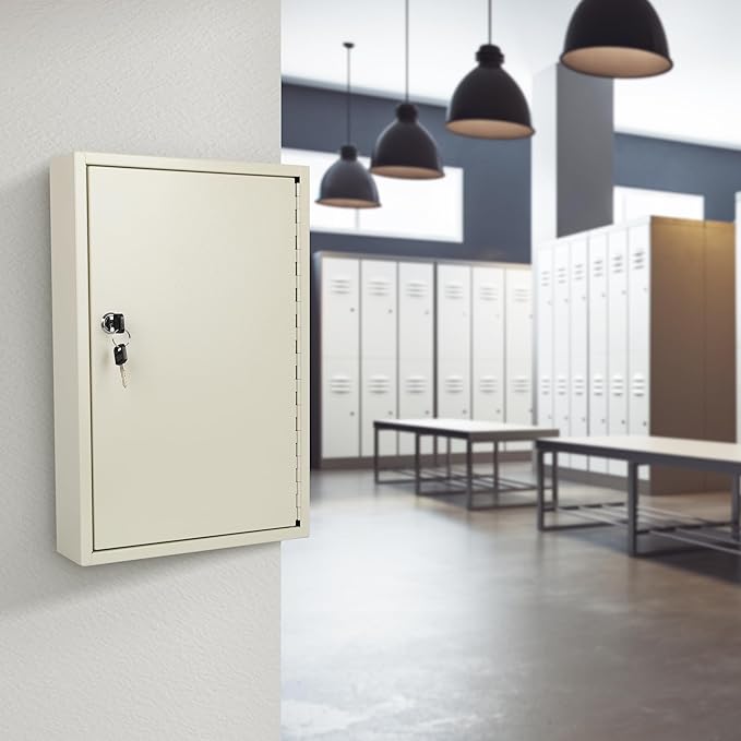 ORIENTOOLS Key Box Steel Key Safe Cabinet, Wall Mount Key Holder Lock Box with Key Tags, Key Organizer Ideal for Home, Hotels, Valets and Office Key Storage (64 Keys, White)