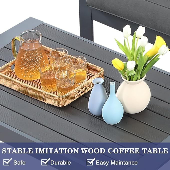 Wisteria Lane Outdoor Patio Furniture Set, 4 Pieces Aluminum Sectional Sofa, Metal Patio Conversation Set with Loveseat, 5 Inch Grey Cushion and Coffee Table (Dark Grey & Grey)