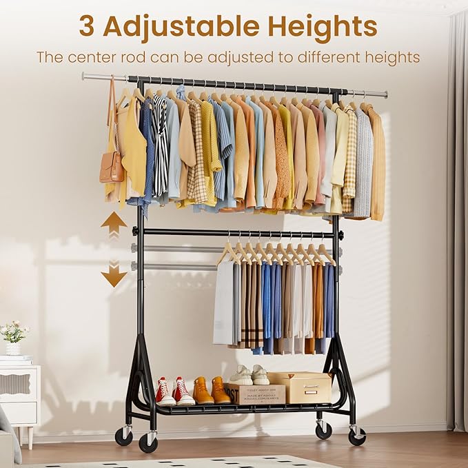 Heavy Duty Clothes Rack for Hanging Clothes, Double Rods Clothing Rack with Lockable Wheels, Rolling Metal Garment Racks Heavy Duty, Portable Wardrobe Closet Racks, Black