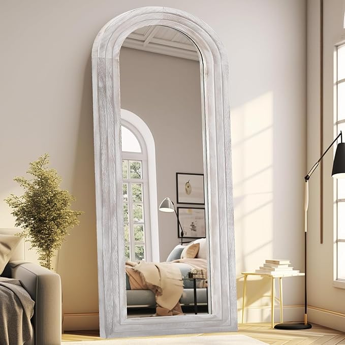 Arched Full Length Mirror with Solid Wood Frame, 65x22 Farmhouse Wall Mirror Full Length with Stand, Vertical Hanging, Leaning Standing for Bedroom, Living Room, Rustic White
