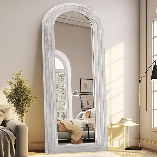 Arched Full Length Mirror with Solid Wood Frame, 65x22 Farmhouse Wall Mirror Full Length with Stand, Vertical Hanging, Leaning Standing for Bedroom, Living Room, Rustic White