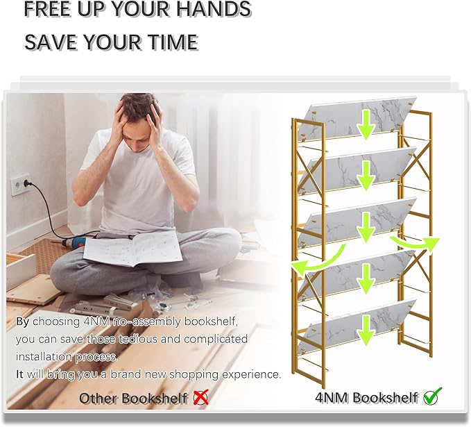 4NM Extra Wide 5 Tiers No Assembly Book Shelves, 51.2" H Folding Bookshelf Bookcase Open Industrial Foldable Shelves for Bedroom, Living Room, Home Office - White Gold