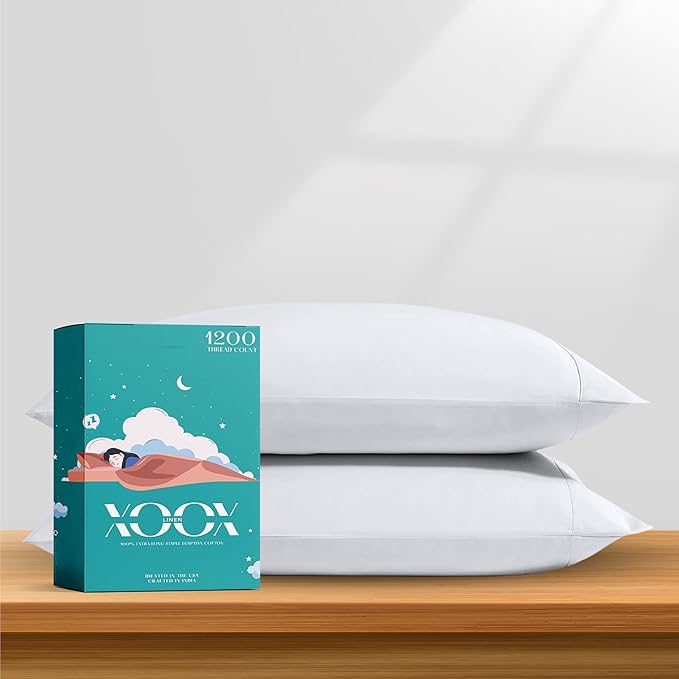 XOOX Linen 100% Egyptian Cotton Pillow Cases Standard/Queen Size Set of 2 - Luxury 1200 Thread Count Sateen White Pillow Cases, Silky Soft Cooling Pillowcases Fits Standard & Queen Size Pillows