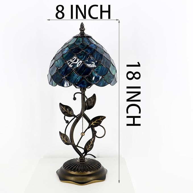 Small Tiffany Lamp Sea Blue Fish Scale Style Stained Glass Table Lamps Desk Bedside Reading Light 8X8X18 Inches with Bronze Metal Leaf Resin Base