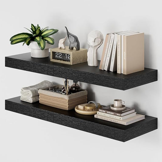 Heimlove 36 Inch Long Floating Shelf for Wall, 12" Deep Black Floating Shelves Shelves for Bedroom Living Room Bedroom, Mounted Shelves for Storage Book Decor, Set of 2