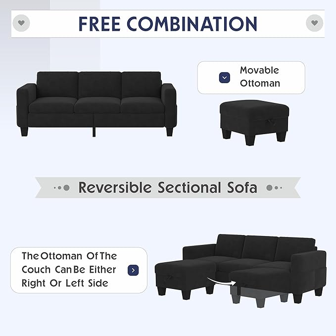 ZeeFu Convertible Sectional Sofa Couch: Classic 3 Seat L-Shaped Sectional Sofa Couches with Storage Ottoman - Modern Black Velvet Upholstered Sofa Set for Living Room Office Small Space Apartment