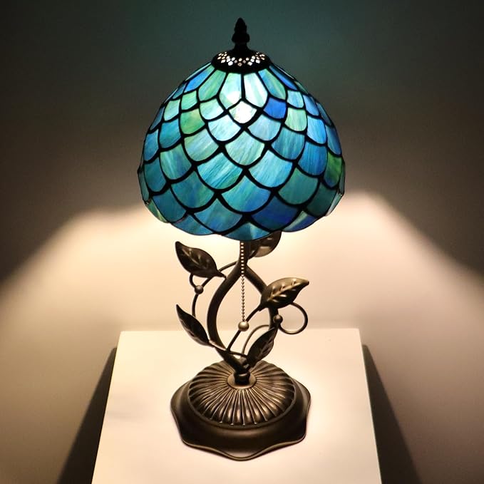 Small Tiffany Lamp Sea Blue Fish Scale Style Stained Glass Table Lamps Desk Bedside Reading Light 8X8X18 Inches with Bronze Metal Leaf Resin Base