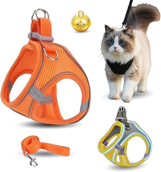 Stimulicat Cat Harness, Stimuli Cat Harness Design for Outdoor Cats, Adjustable Soft Mesh Vest Harness Escape Proof with Reflective Safety Strips, Allowing Cats to Safe (Orange, L)