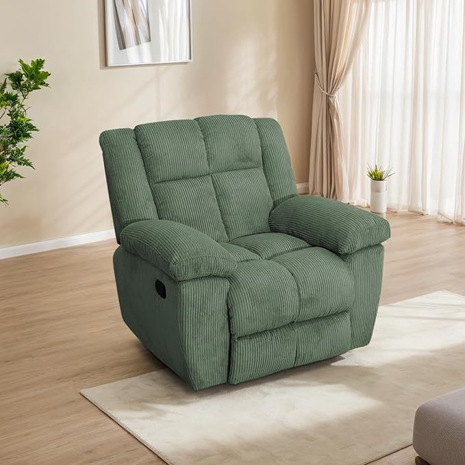 Manual Recliner Sofa Set,Corduroy Reclining Couch Set,Modern Living Room Furniture Set,Reclining Sofa Couch Chair for Living Room Home Office(Green,3 Pieces Set)