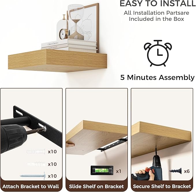 Square Floating Shelves for Wall, 12" W x 12" D x 2" H, 2 Pack of Small Wall Mounted Engineered Wood Shelves with Invisible Brackets for Living Room, Bedroom, Bathroom, Kitchen Decor, Oak