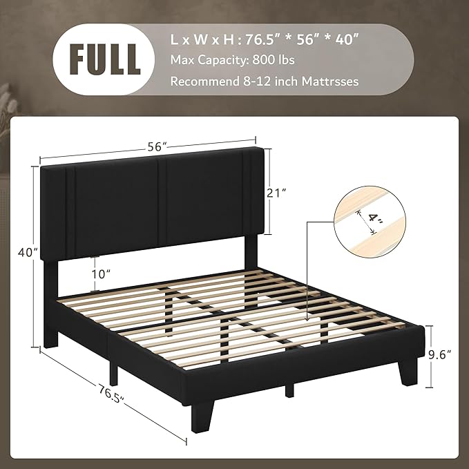 iPormis Full Platform Bed Frame with Fabric Upholstered Headboard & Thickened Legs, Mattress Foundation with Solid Wooden Slats Support, No Box Spring Needed, Noise Free, Black
