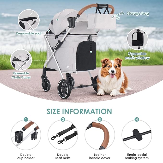 X6 Luxury Pet Stroller for Medium Dogs up to 66 lbs, One-Second Fold Design, 180° Canopy, 4-Wheel Shock Absorption (Grey)