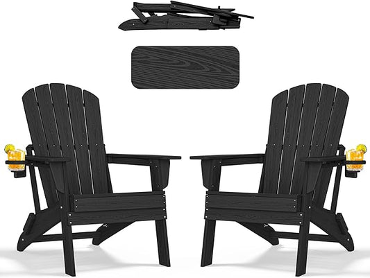 nevilywood Folding Adirondack Chair - Extended Ergonomic Backrest, Cup Holder - Easy Assembly - Durable HDPE Plastic, Weather Resistant & Maintenance-Free - Lawn, Patio, Deck Supports 380lbs Black