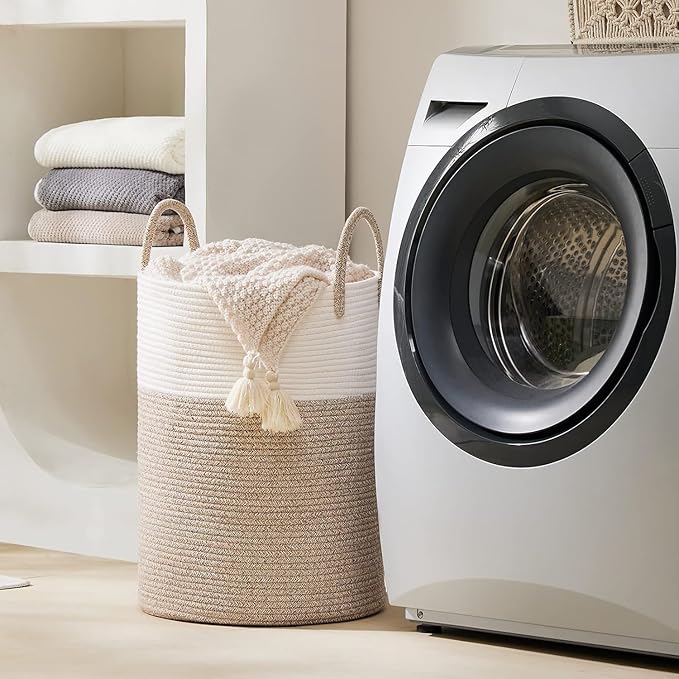 YOUDENOVA Woven Rope Laundry Hamper Basket, 72L Tall Luandry Basket, Baby Nursery Hamper for Blanket Storage in Bedroom-Large-Brown