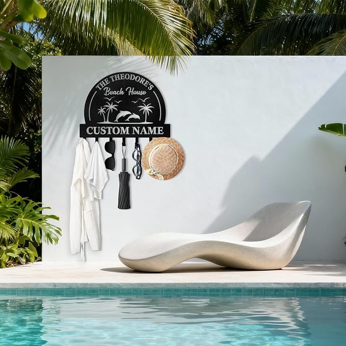 Personalised Beach Theme Key Holder for Wall, Tropical Style Key Holder Wall Mount, Decorative Key Rack Coat Hooks for Living Room Bathroom Kitchen Office Entryway, Home Decor Gifts