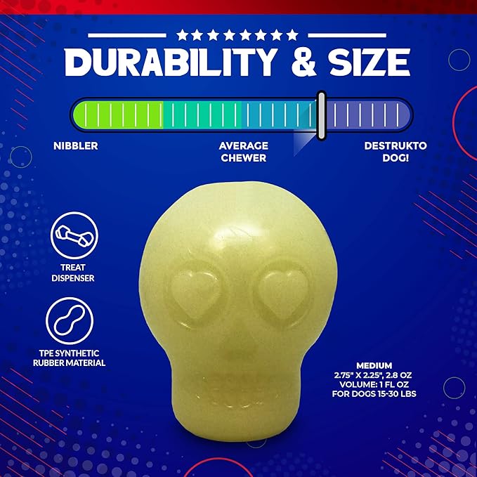 SodaPup MuttsKickButt Glow in The Dark Skull – Durable Dog Treat Dispenser & Chew Toy Made in USA from Non-Toxic, Pet Safe, Food Safe Rubber Material for Mental Stimulation, Problem Chewing, & More