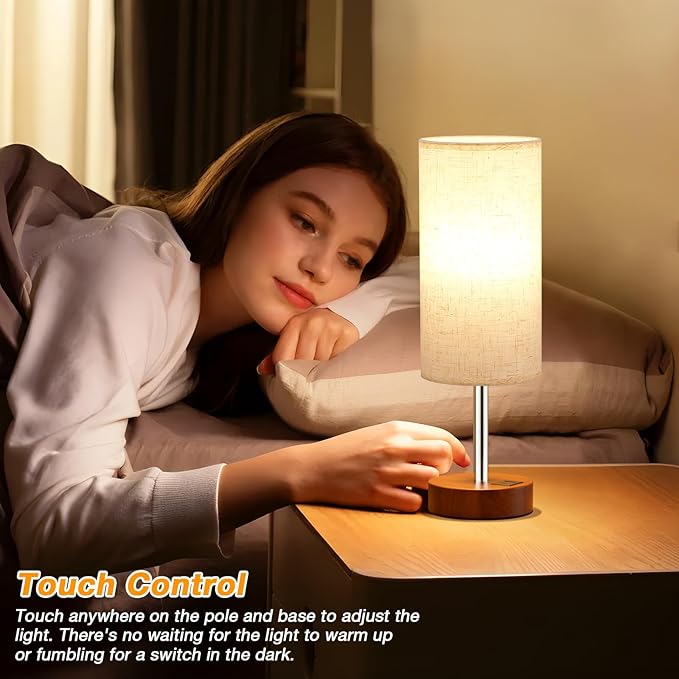 Dicoool Touch Bedside Table Lamp with USB - 3 Way Dimmable Redwood Lamps for Bedroom Nightstand, Desk Lamp with Charging Station for Dorm, Living Room, Office, Kids Room, Nursery