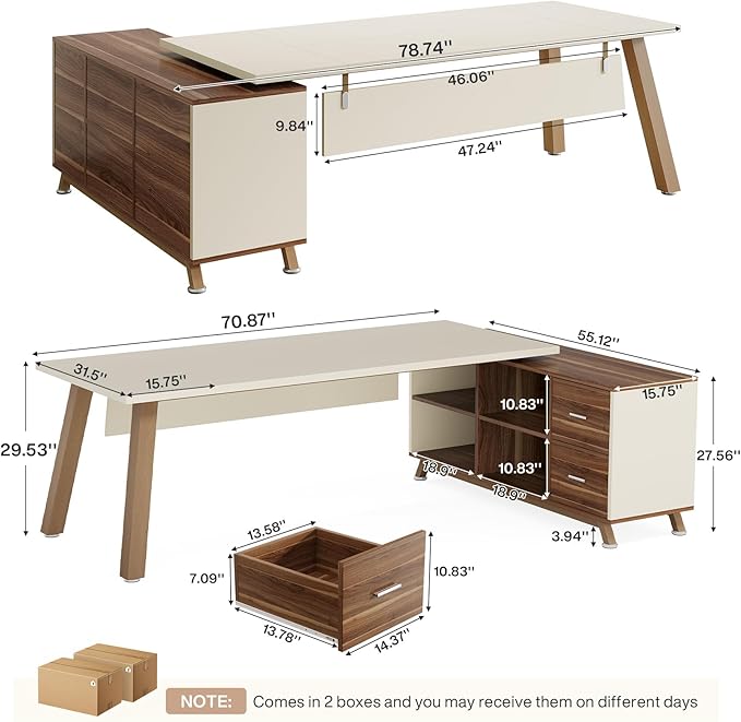 Tribesigns 78.7-Inch Executive Desk, L-Shaped Desk with 55-Inch Cabinet, Large Office Desk with Storage Shelves, Modern Computer Desk for Home Office, White & Walnut