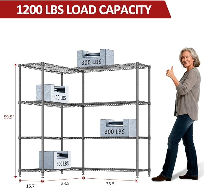 IZEUK Linked Storage Racks, DIY Adjustable Heavy Duty Metal Shelving Unit for Corner, Ideal for Kitchen, Garage, Warehouse, and Garden (Black, 4 Tiers, 15.7" D x 33.5" W x 59.5" H, 1147 lbs Capacity)