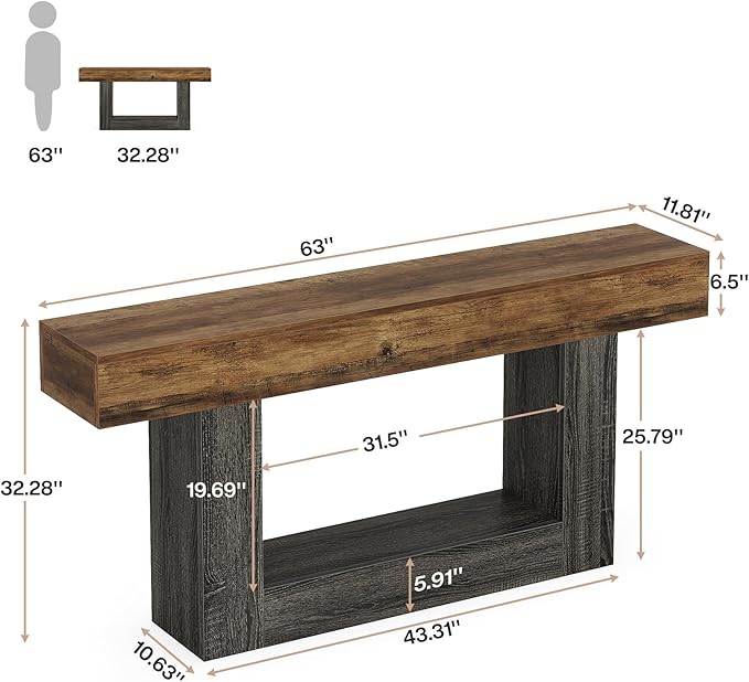 Tribesigns 63" Console Table, Farmhouse 2-Tier Entryway Table with U-Shaped Base, Narrow Long Wood Sofa Table Behind Couch Table for Living Room, Hallway, Foyer, Vintage Brown & Gray