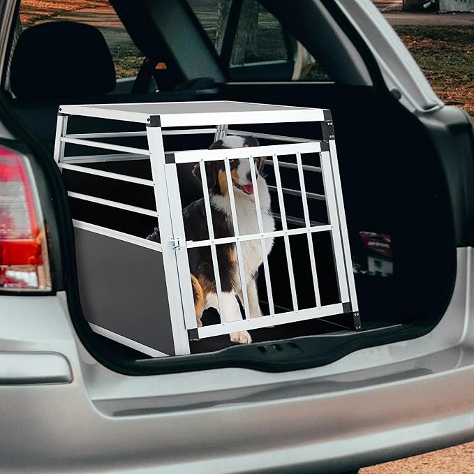 Single Doors Aluminium Pet Car Transport Crate, Lockable Travel Dog Cage, Sturdy Construction for Small Dogs and Cats, Portable Puppy Carrier for Car Use